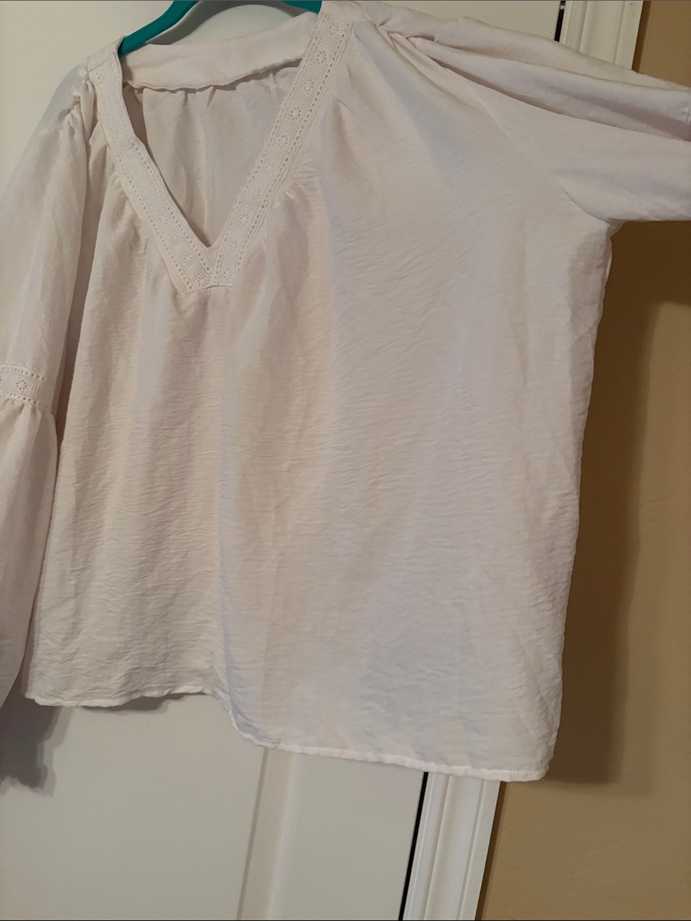 White V-Neck Peasant Blouse with Lace Trim - Picture 5 of 6